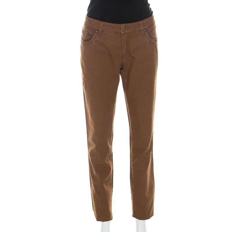 Youthful Street Fashion Roberto Cavalli Brown Stretch Cotton Leather Piping Detail Jeans