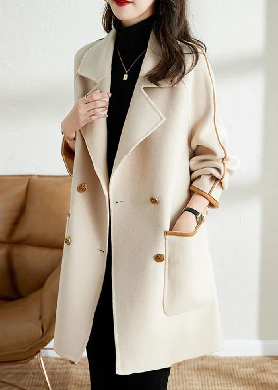 Warm Atmosphere Loose Beige Double Breast Pockets Patchwork Woolen Coat Fall