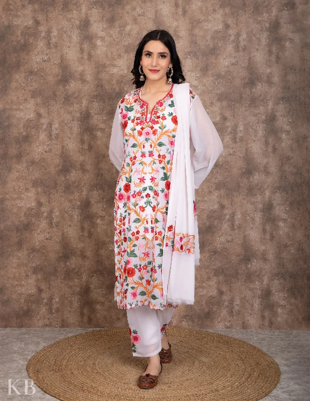 Spring Fashion Bahaar White Aari Embroidered Georgette Suit with Dupatta