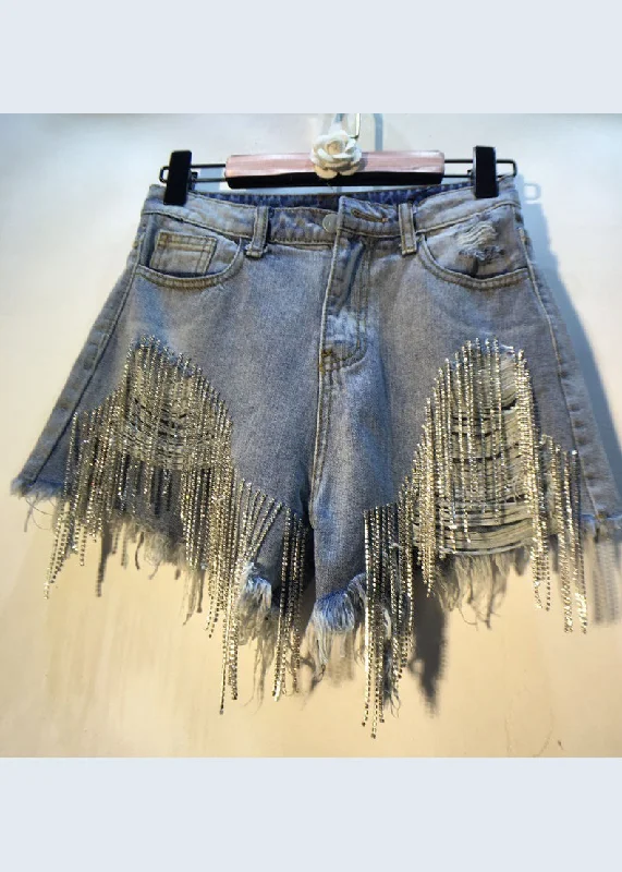 Modern City Slim Fit Blue Asymmetrical Design Tassel Diamond Cotton Denim Shorts