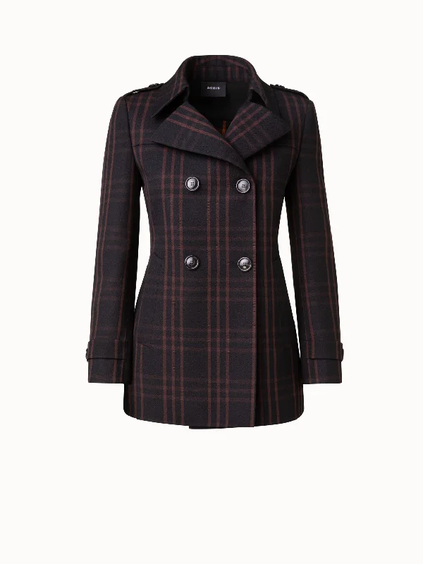 Noble And Elegant Wool Double-Weave Peacoat with Window Pane Check