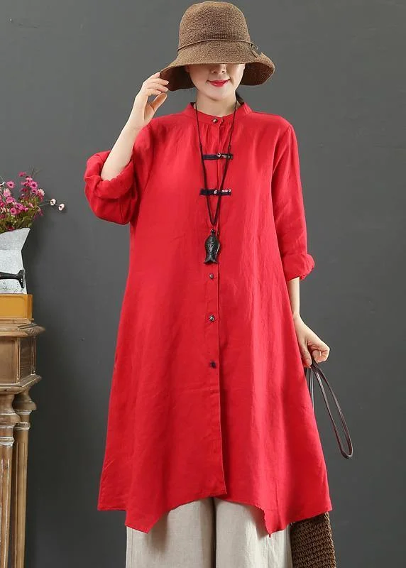 Personalized Wear Unique Stand Collar Asymmetric Spring Clothes Pattern Red Blouse