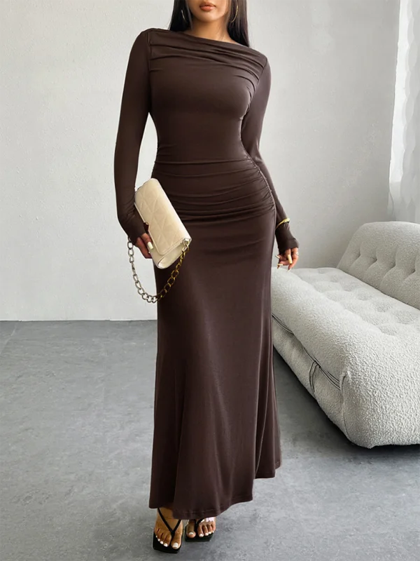 French Style Solid color hip-wrapped one-shoulder dress