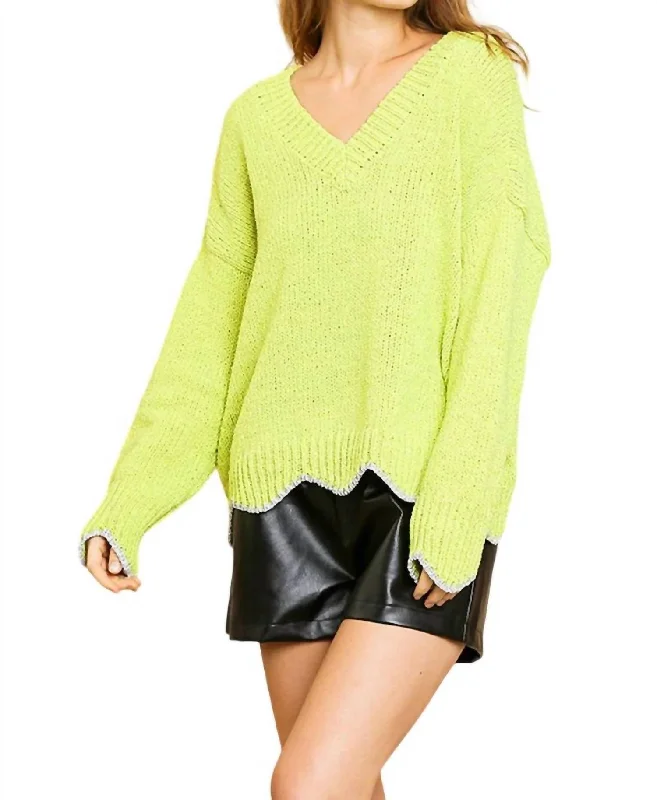 Noble And Elegant Zig Zag Pullover Sweater In Lime