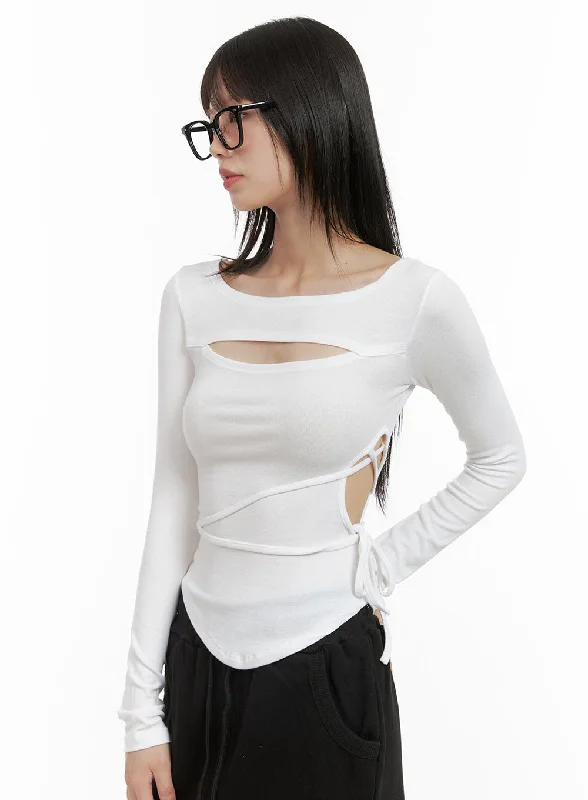 Elegant Design Cut-Out Tie Long Sleeve Crop Tee CG426