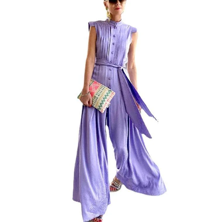 Ethnic Style Women Chiffon Loose Sleeveless Long Jumpsuits