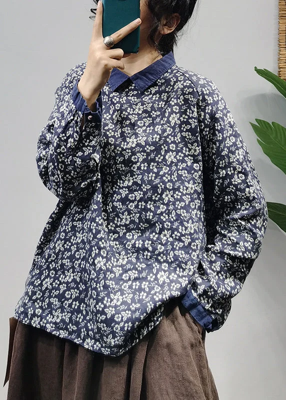 Advanced Customization Unique Blue Floral Button Peter Pan Collar Linen Sweatshirts Top Spring