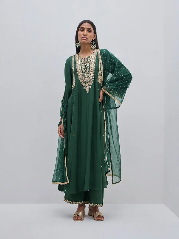 New Season Series Vark Dark Green Embroidered Kurta, Palazzos & Dupatta Set