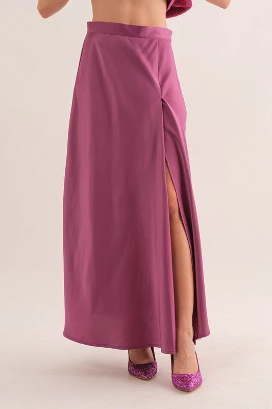 Celebrity Must-have PURPLE SATIN SIDE SLIT MAXI SKIRT BIC60850