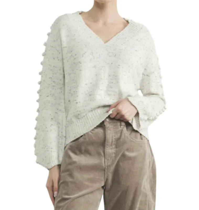 Lively And Youthful Pom Sleeve Sweater In Grey Melange