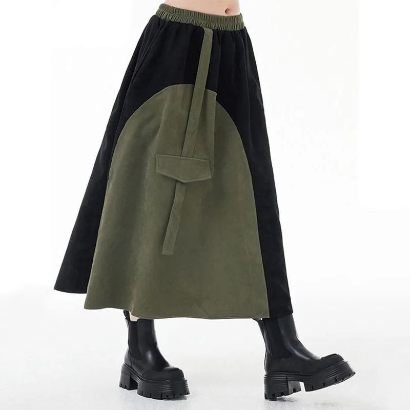 Youthful Street Fashion Green & Black Asymmetric A-Line Skirt