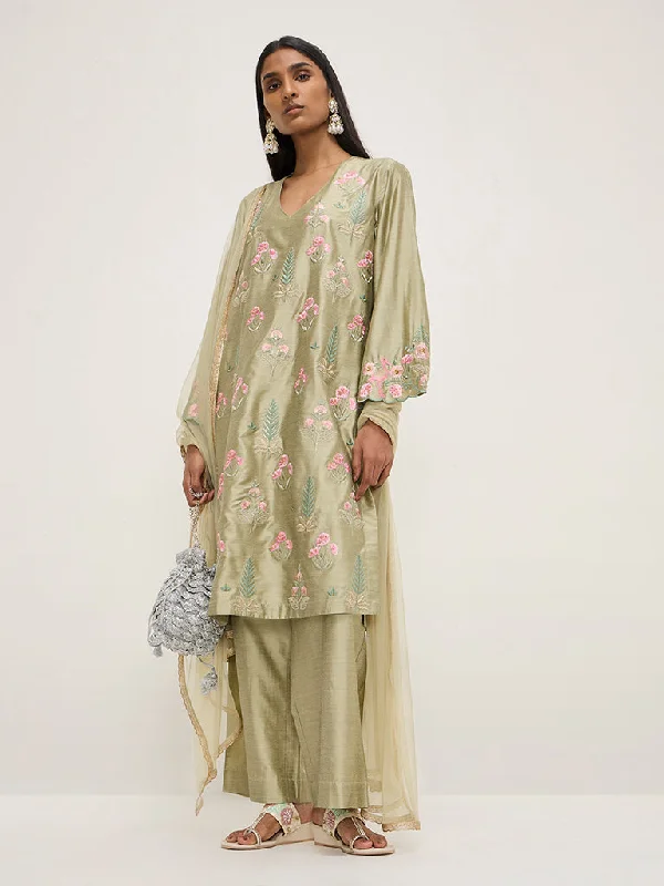 Fresh And Capable Vark Sage Embroidered Kurta, Ethnic Pants and Dupatta Set