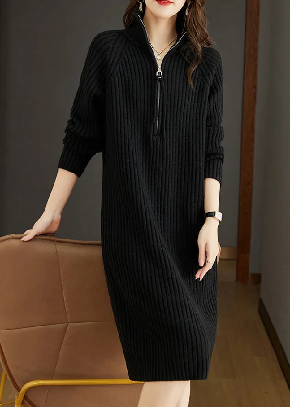 Spiritual Vitality Women Black Zippered Patchwork Woolen Knit Dress Fall