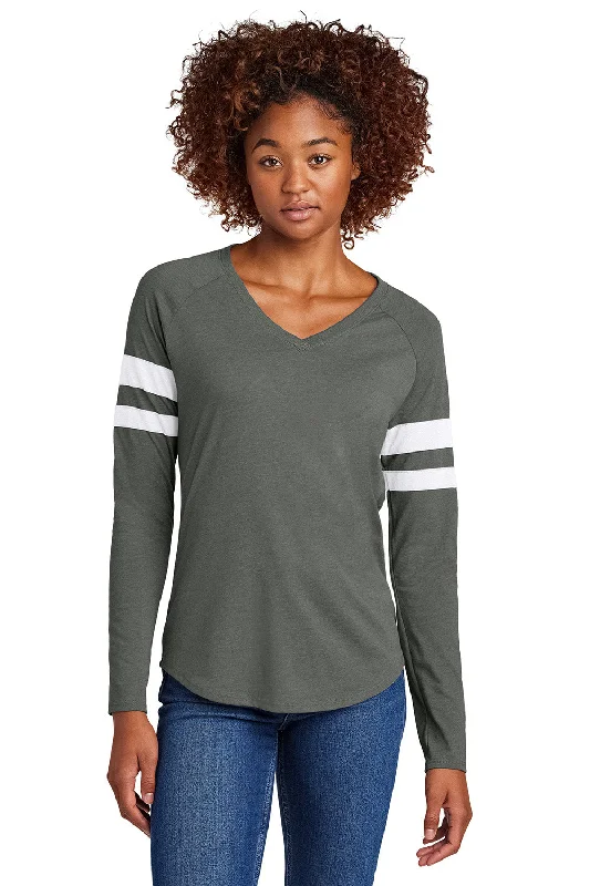 Sweet Style Sport-Tek Womens Halftime Stripe Long Sleeve V-Neck T-Shirt - White/Heather Vintage Grey - New