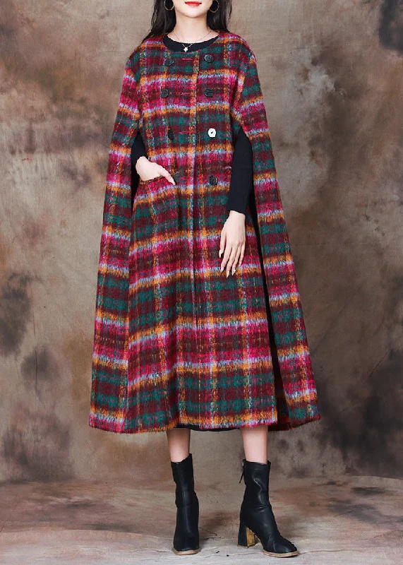 Minimalism Organic Rose Plaid Double Breast Woolen Coats Cloak Sleeves