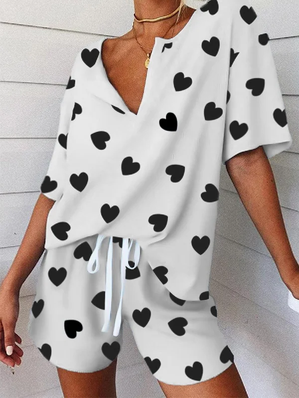 Cute Design Heart-print V-neck Two-piece Suit