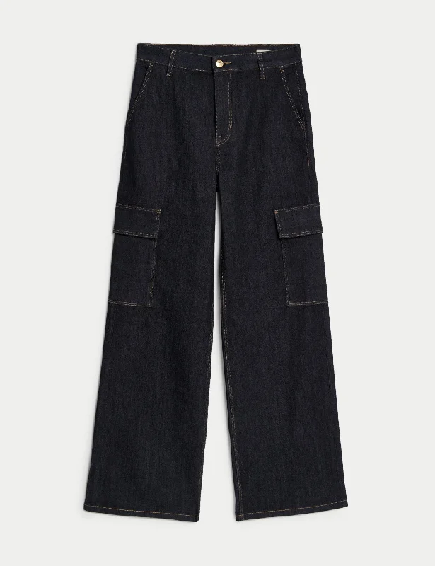 Elegant And Simple High Waisted Wide Leg Cargo Jeans