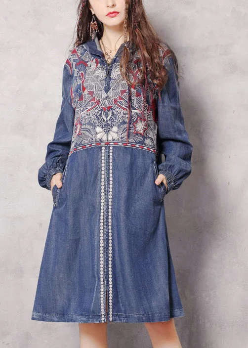 Personalized Clothing Boutique Blue zippered Hooded Embroideried Pockets Denim trench coats Spring