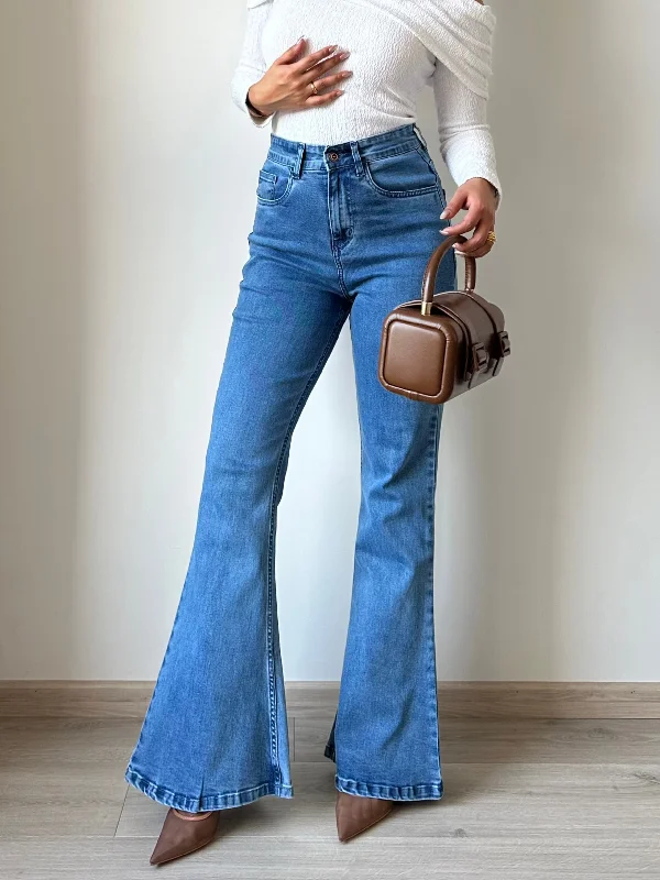 Urban Style Light Blue Wash Flare Slit Bootleg Jeans