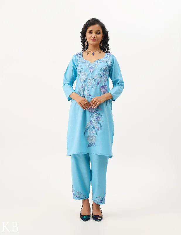 Body Design Sky Blue Cotton Embroidered Summer Suit