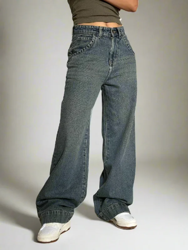 Noble And Elegant Grey Vintage Washed Wide Leg Baggy Jeans