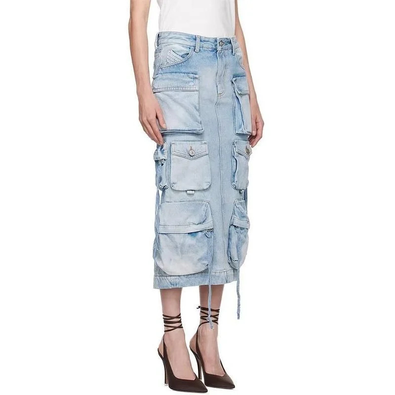 Simple And Comfortable High Waist Denim Skirt with Distressed Detail and Ribbon Slit