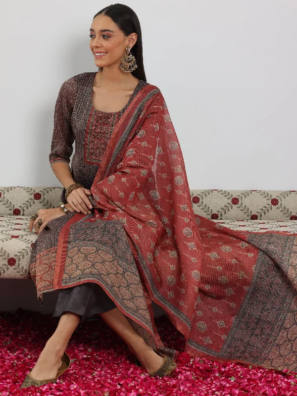 Exclusive Customization Grey Printed Silk Blend Straight Suit With Dupatta