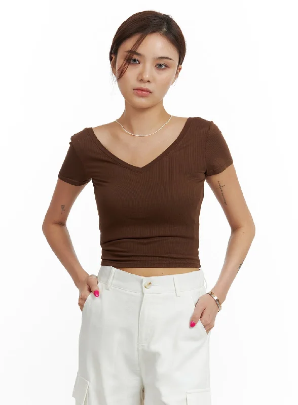 Slightly Flared Design V-Neck Crop Top CU417