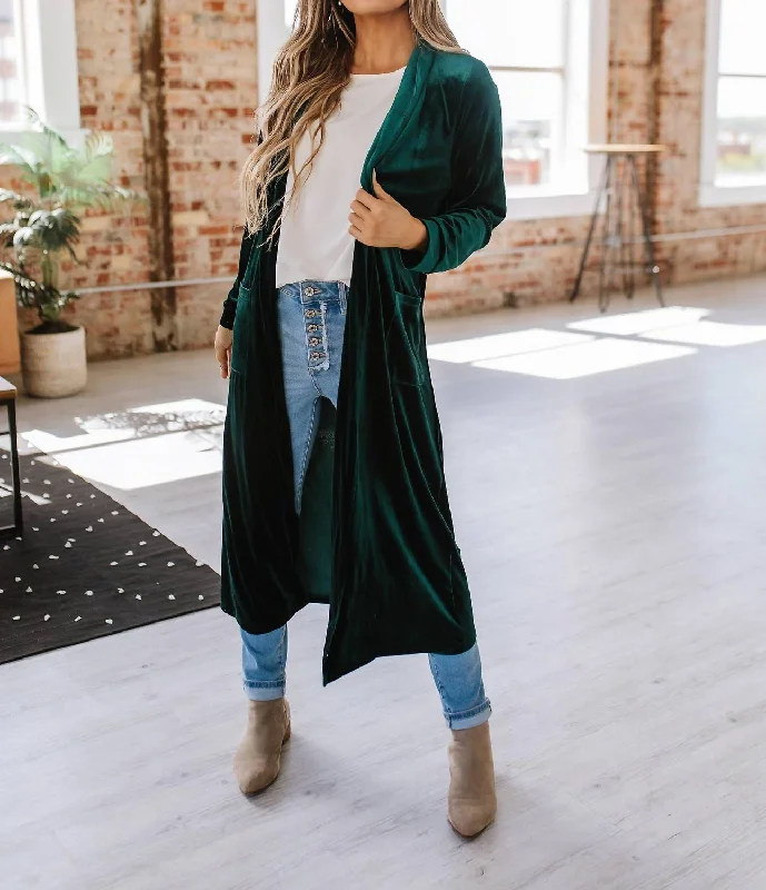 New Season Series Eve Velvet Long Cardigan In Green