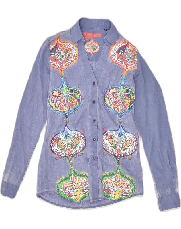 Elegant Temperament DESIGUAL Womens Shirt UK 12 Medium Blue Patchwork Cotton