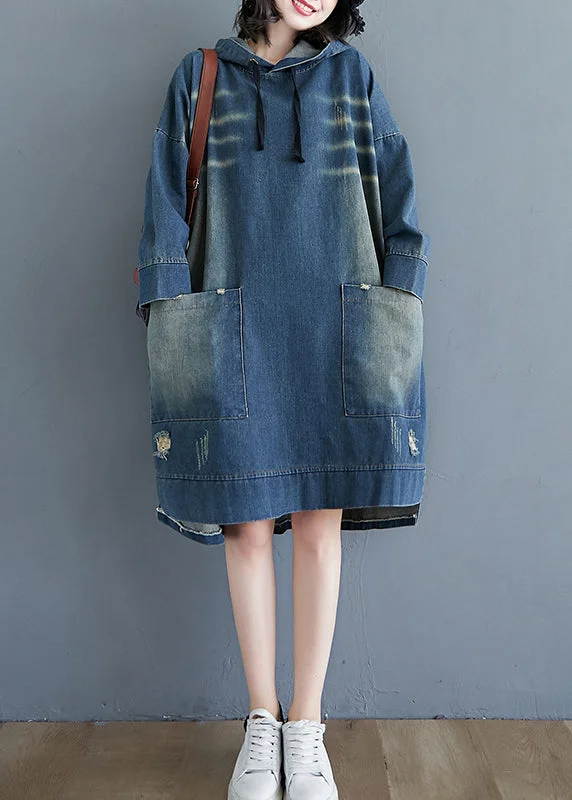 Fashion Must-have Plus Size Blue drawstring Hooded pocket Denim Dress Long Sleeve