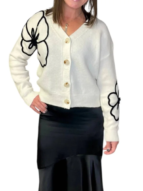 Embroidered Letters Black Floral Cardigan In Ivory