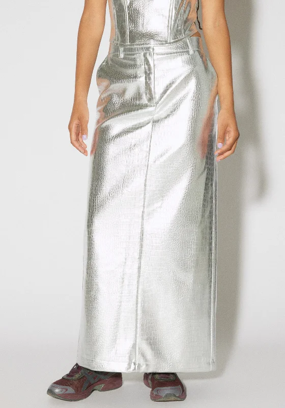 Stretch Design Somethingnew Aria Metallic Croc Maxi Skirt, Silver