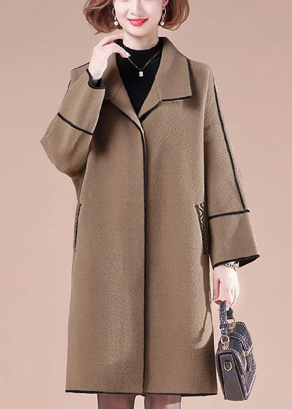 Carefree Coffee Patchwork Woolen Trench Coats Oversized Winter