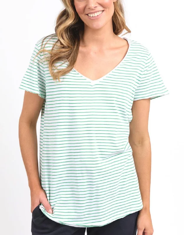 Comfortable And Cold-proof Remi Stripe Vee Tee - White/Green Stripe