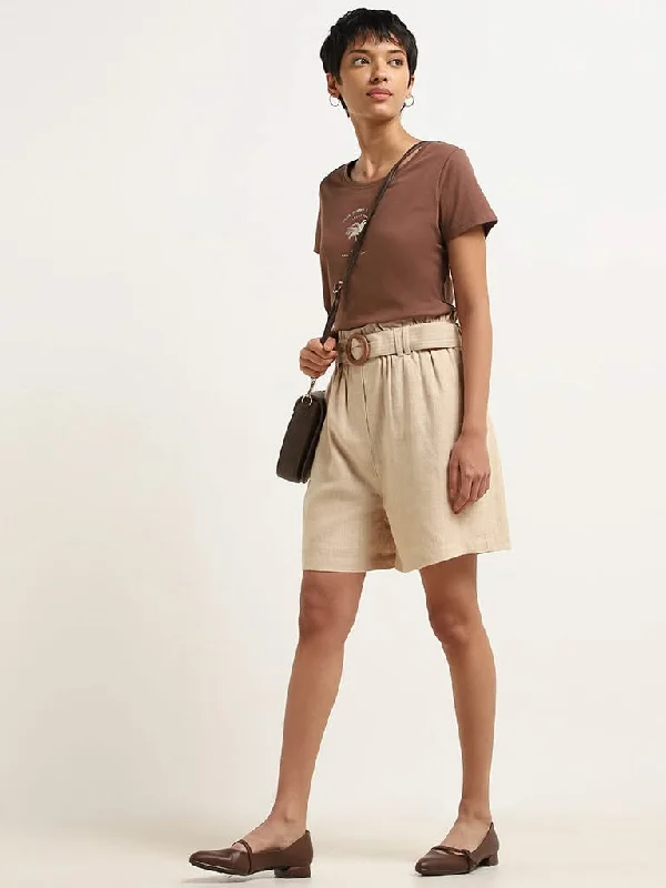 Elegant Design LOV Beige High-Waisted Blended Linen Shorts with Fabric Belt