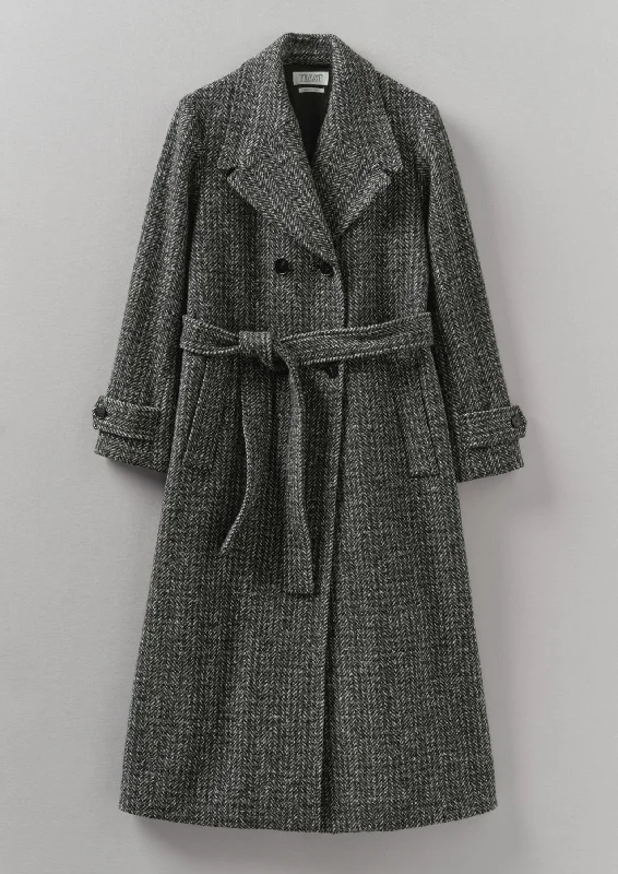 Elegant Temperament Wool Herringbone Belted Coat | Grey Melange