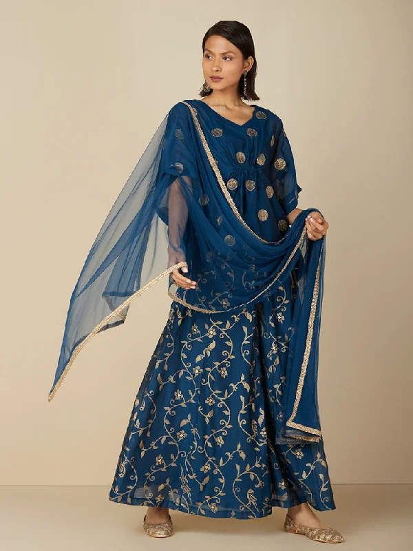 Tropical Style Vark Indigo Kaftan, Gharara & Dupatta Set