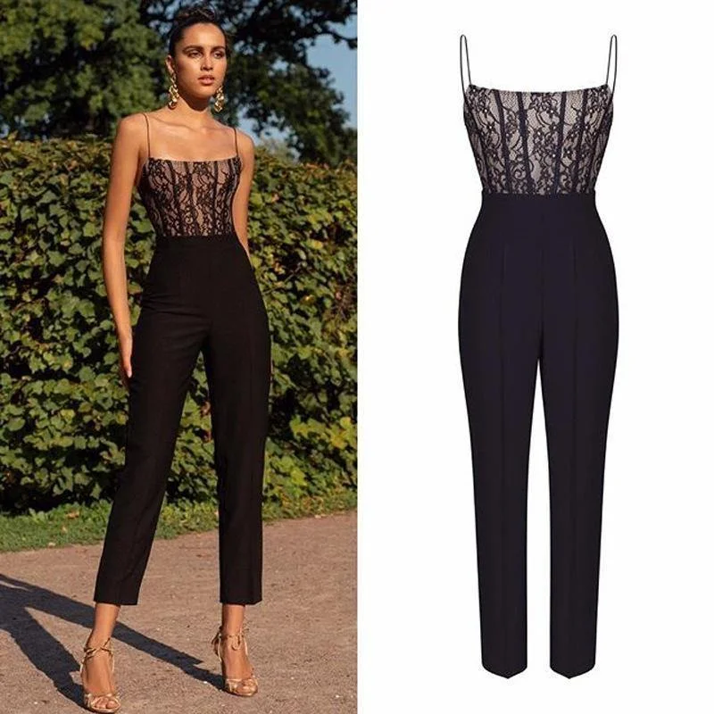 Double-sided Wear Black Lace Straps Sleeveless Jumpsuits