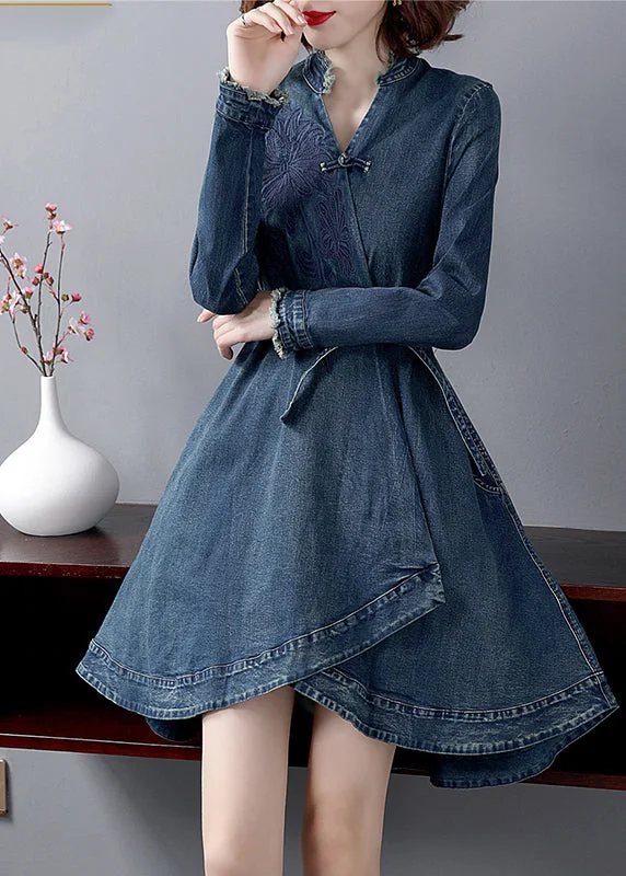 Unique Prints Italian Blue V Neck Sashes Embroideried Cotton denim Dress Long sleeve