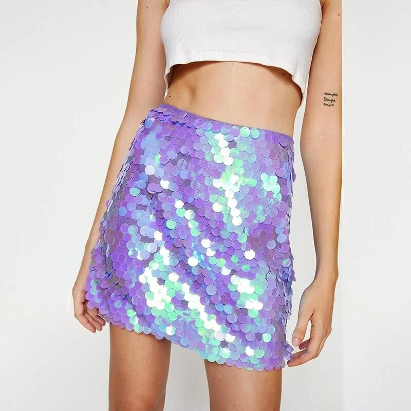 European And American Style High Waist Glitter Sequin Mini Skirt