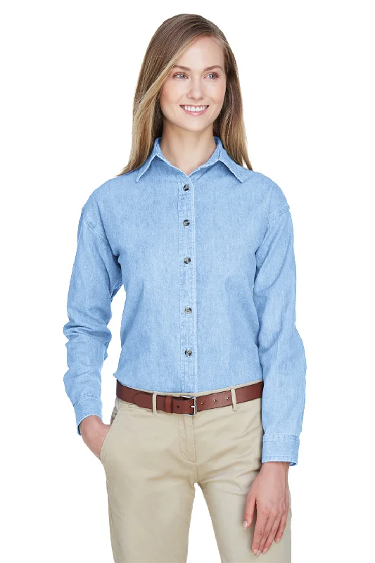 French Style UltraClub Womens Cypress Denim Long Sleeve Button Down Shirt - Light Blue