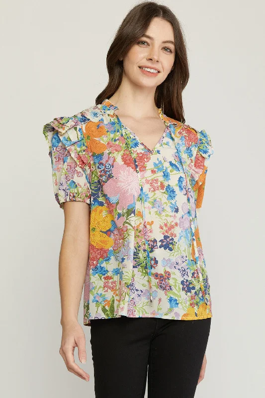 British Fashion Floral Ruffle Sleeve Blouse