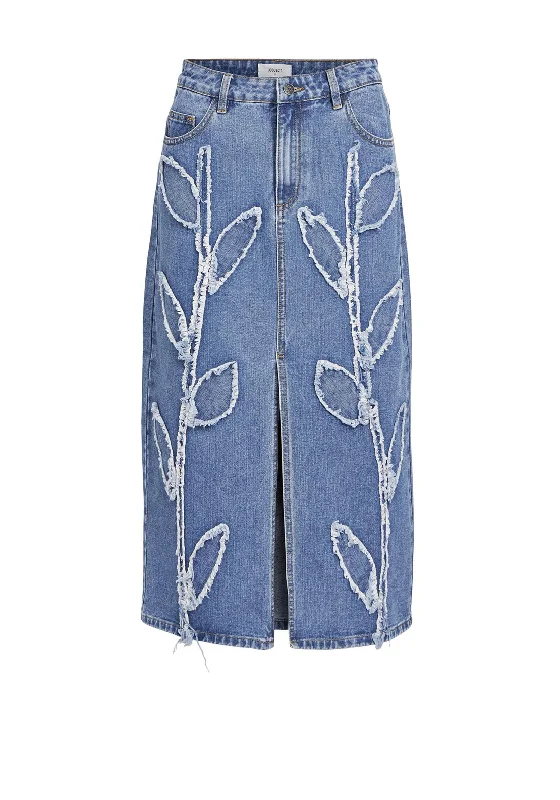 Elegant Temperament Object Fray Leaf Design Midi Denim Skirt, Medium Blue Denim