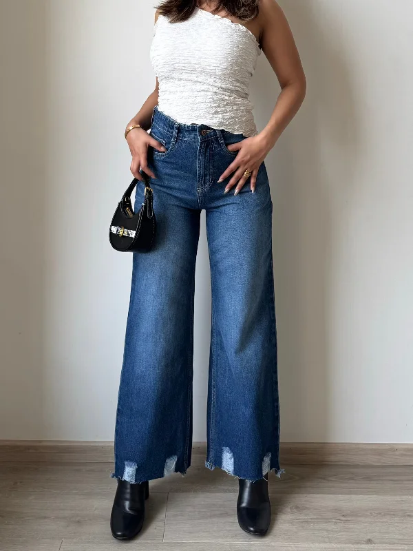 Fresh And Fashionable Blue Destroyed Hem Fade Wide Leg Cropped Jeans