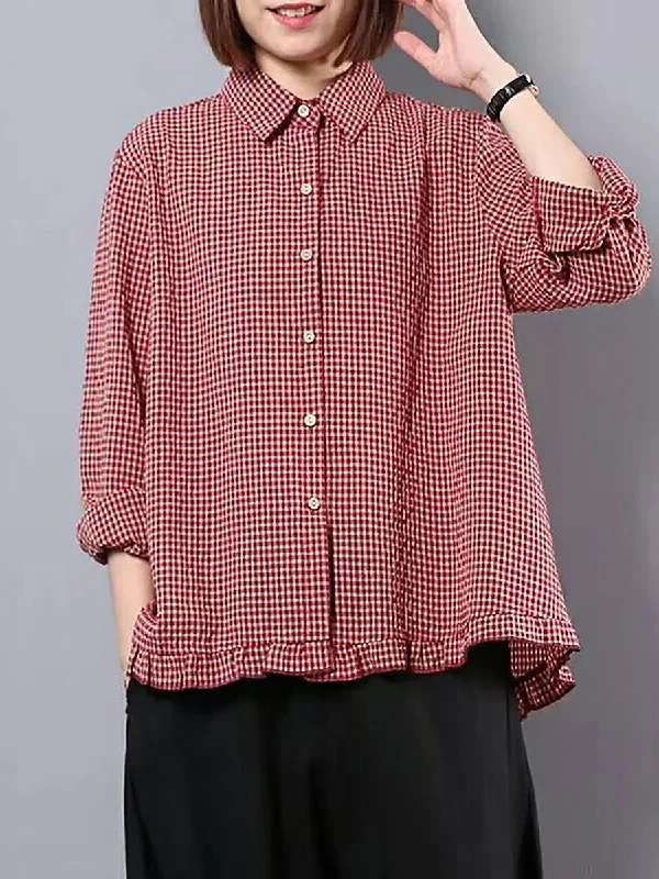 Trendy And Casual Plus Size Women Plaid Hand-Made Linen Cotton Loose Shirt