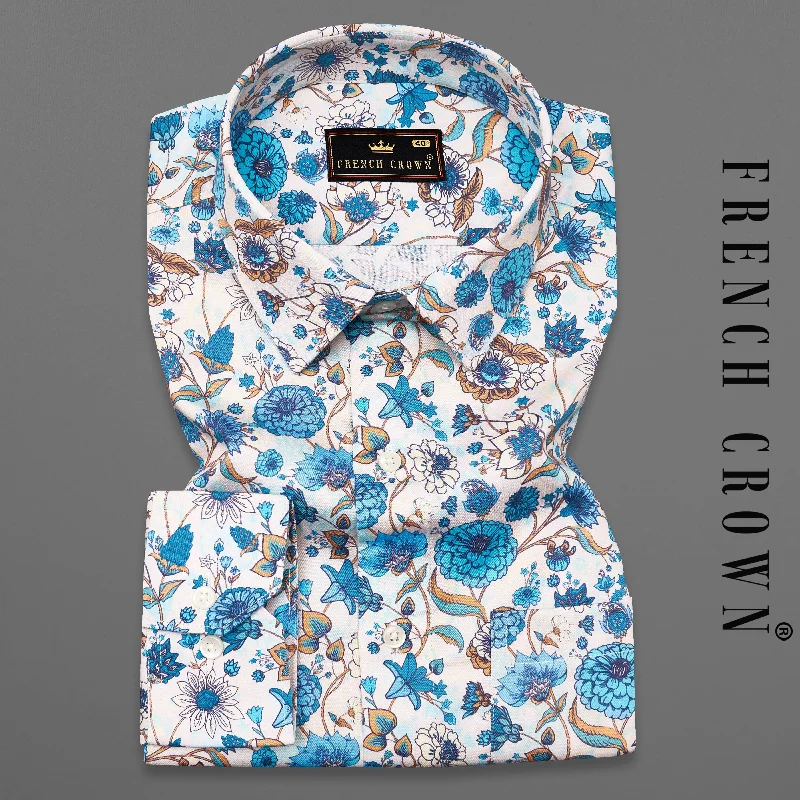 Comfortable And Casual Off White with Bondi Blue Floral Printed Super Soft Premium Cotton Shirt