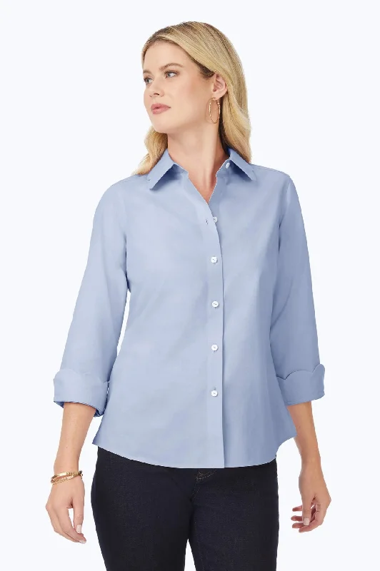 Fashion Selection Gwen Pinpoint No Iron 3/4 Sleeve Scallop Shirt, Blue Wave