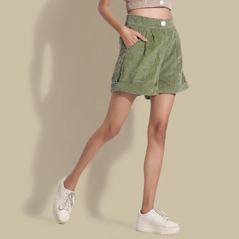 College Style Sage Green Warm Cotton Corduroy Baggy Shorts