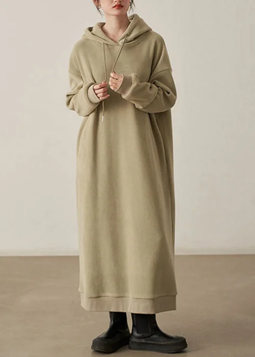 French Style Loose Khaki Hooded Pockets  Woolen Long Dresses Fall